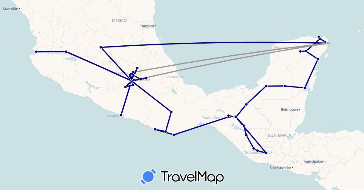 TravelMap itinerary: driving, plane, cycling in Guatemala, Mexico (North America)
